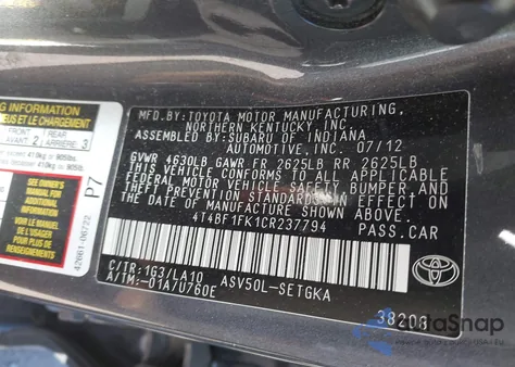 2012 Toyota Camry Xle z USA, uszkodzony, nr VIN 4T4BF1FK1CR237794
